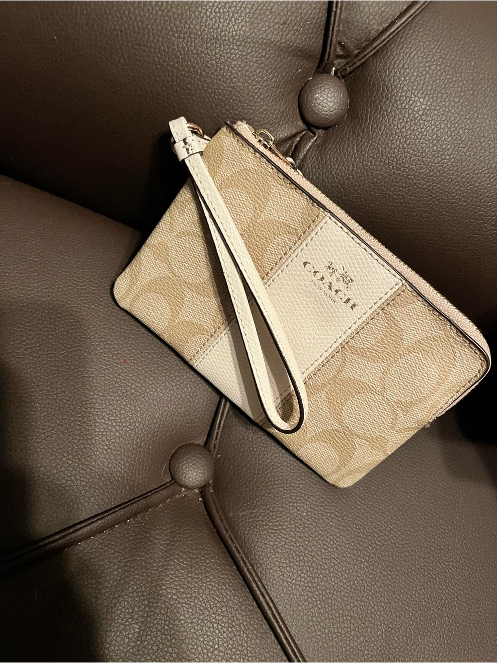 Coach Signature Wristlet in Beige and Cream